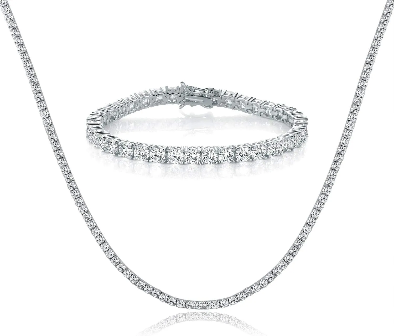Tennis Necklace Bracelet Jewelry Sets 18K White Gold Plated 4mm Round Cubic Zirconia Bracelet and Necklace Sets for Women and Men