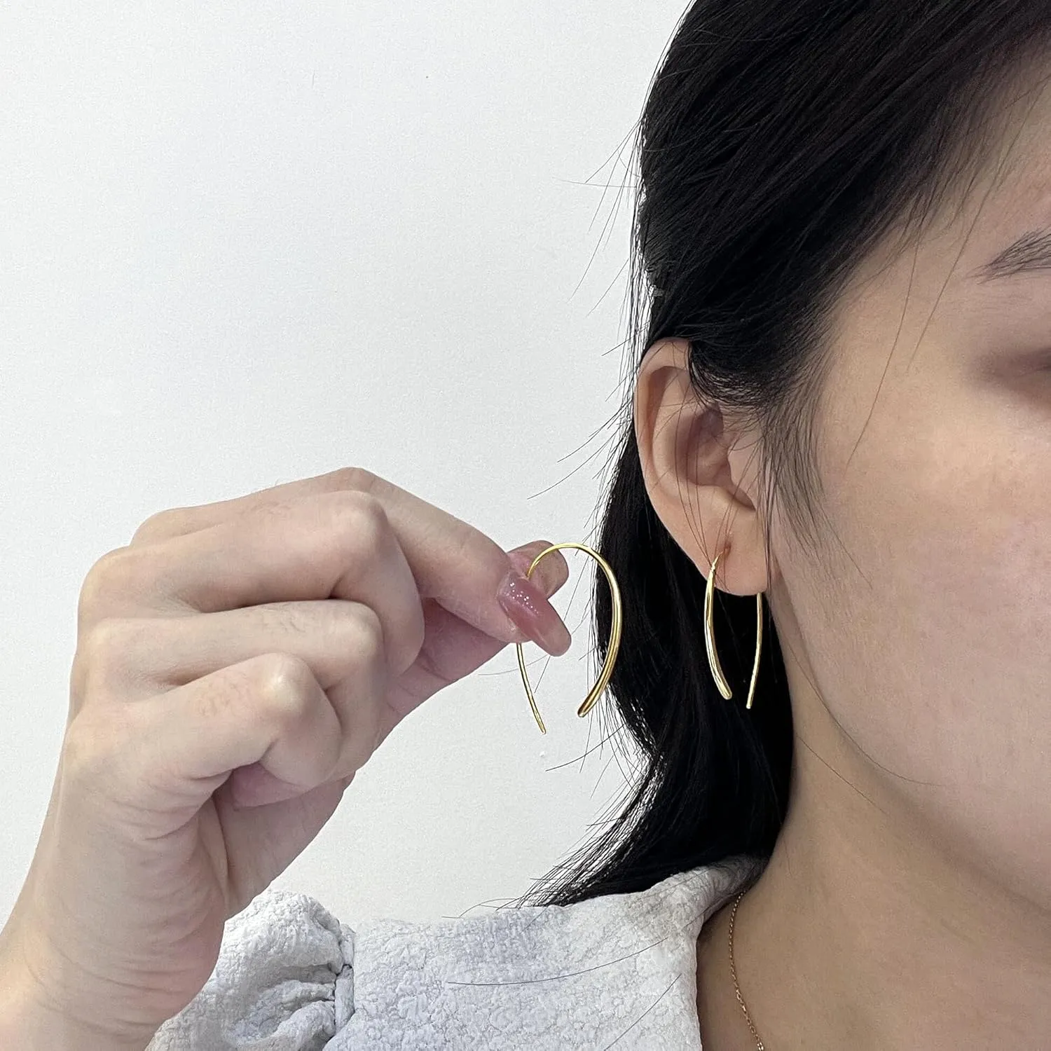Threader Earrings 925 Sterling Silver Pull Through Hoops Drop Dangle Minimal Everyday Earrings