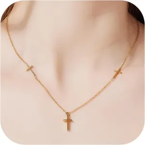 Three Cross Necklace for Women Dainty Gold Necklace 18k Gold-Plated Sideways Cross Pendant Necklace for women Religious Christian Jewelry Gift Faith Necklace with Two Small Side Crosses