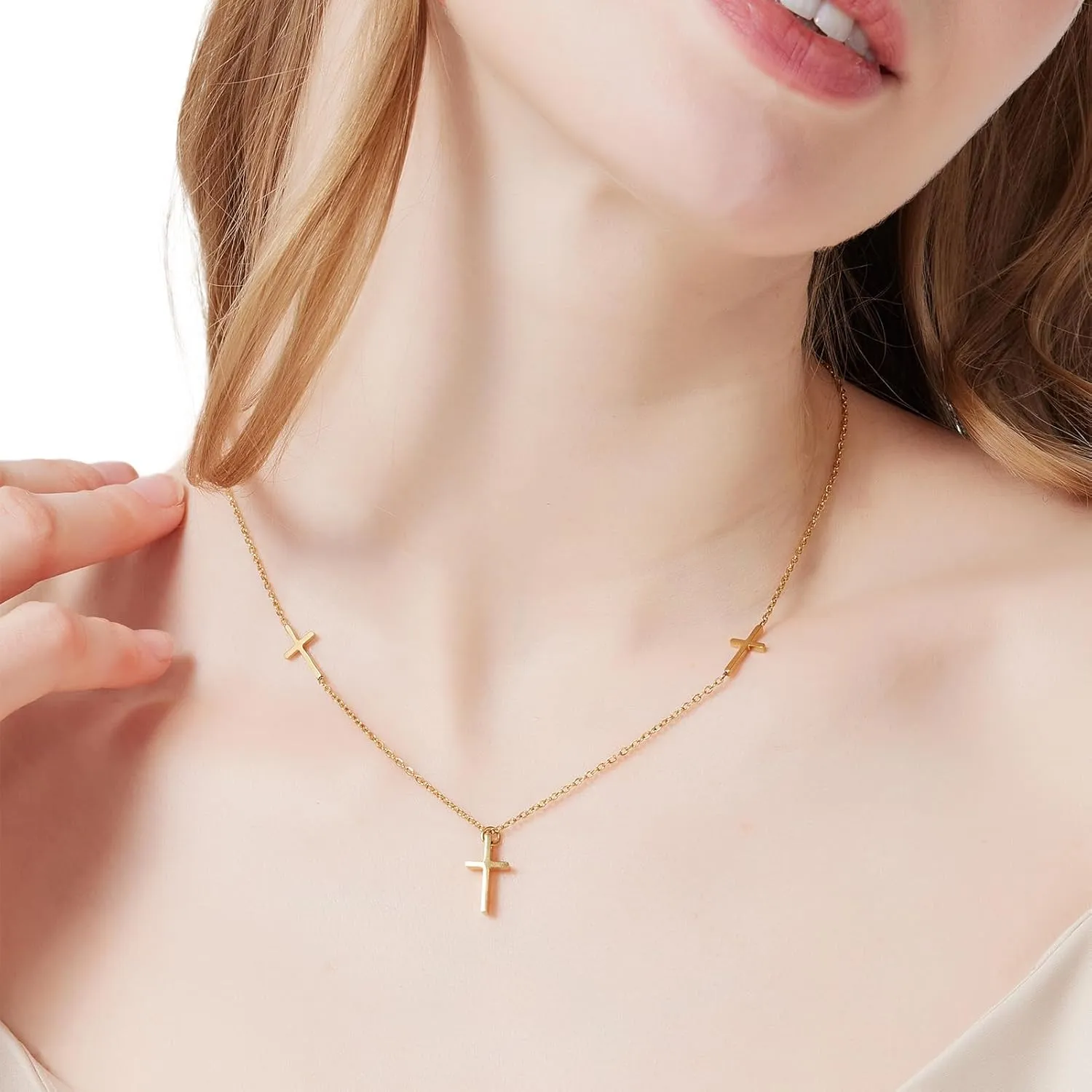 Three Cross Necklace for Women Dainty Gold Necklace 18k Gold-Plated Sideways Cross Pendant Necklace for women Religious Christian Jewelry Gift Faith Necklace with Two Small Side Crosses