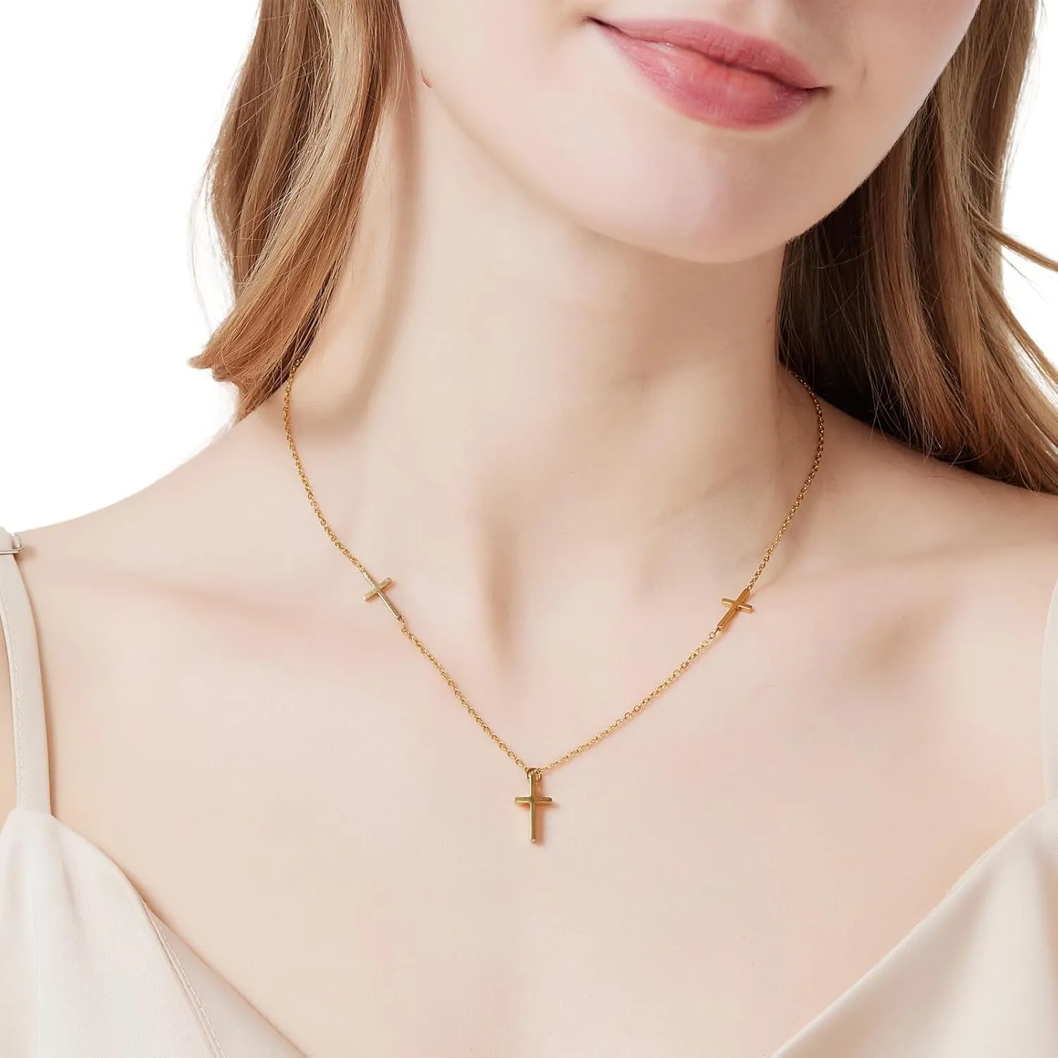 Three Cross Necklace for Women Dainty Gold Necklace 18k Gold-Plated Sideways Cross Pendant Necklace for women Religious Christian Jewelry Gift Faith Necklace with Two Small Side Crosses