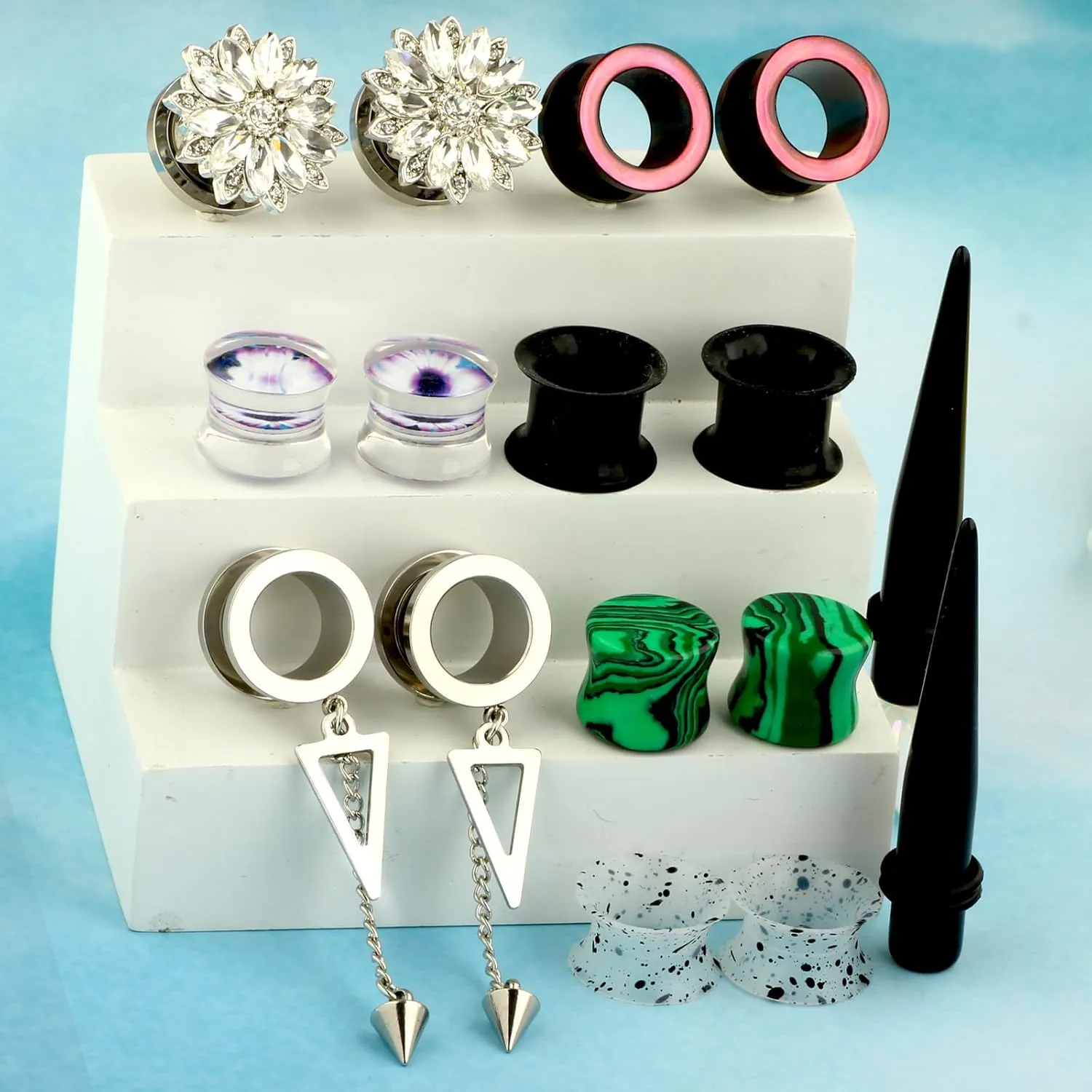 TIANCI FBYJS 8 Pairs Stainless Steel Ear Tunnels and Plugs Silicone Gauges For Ear Women Dangle Gauge Earrings Piercing Stretchers kit 2G-00G-5/8''