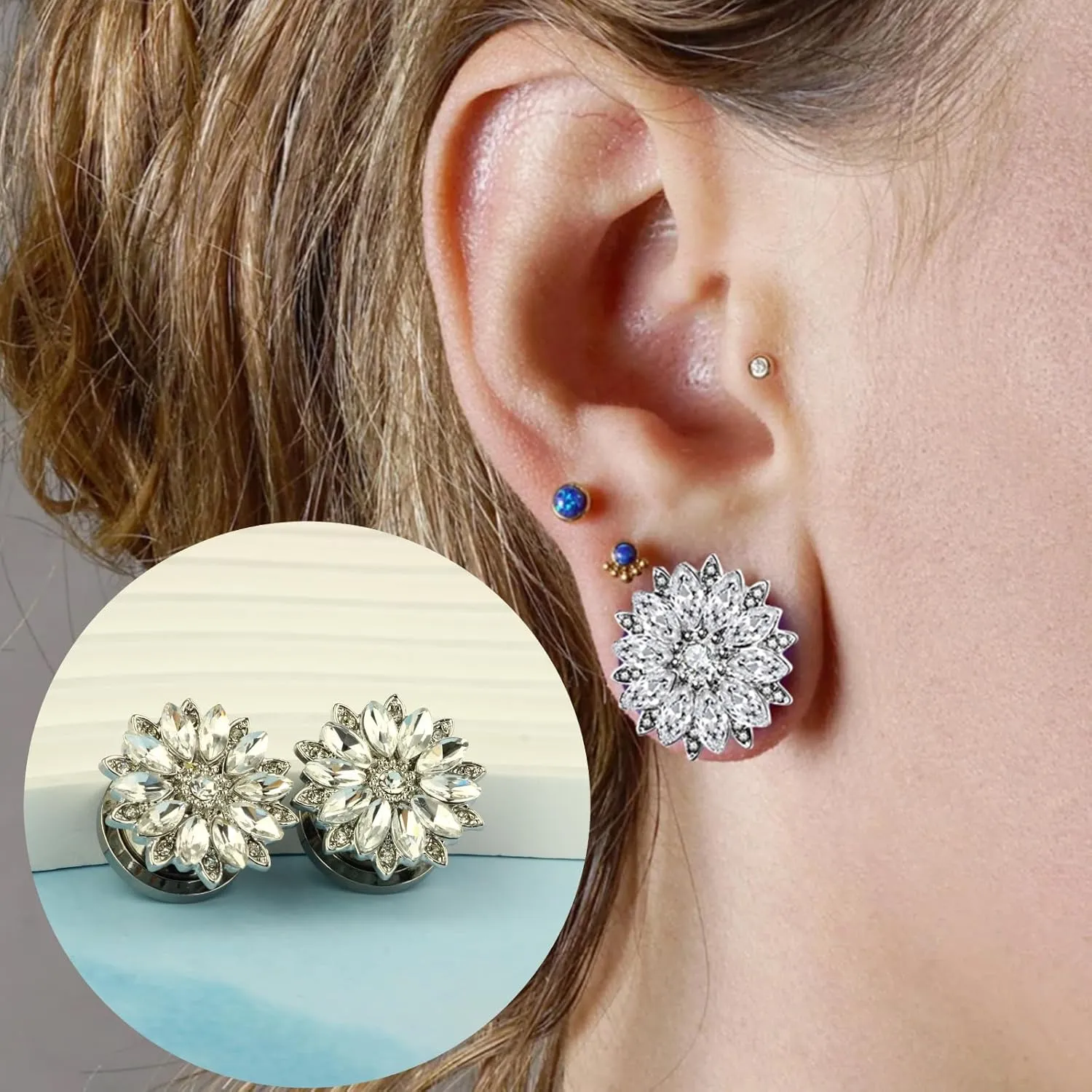 TIANCI FBYJS 8 Pairs Stainless Steel Ear Tunnels and Plugs Silicone Gauges For Ear Women Dangle Gauge Earrings Piercing Stretchers kit 2G-00G-5/8''