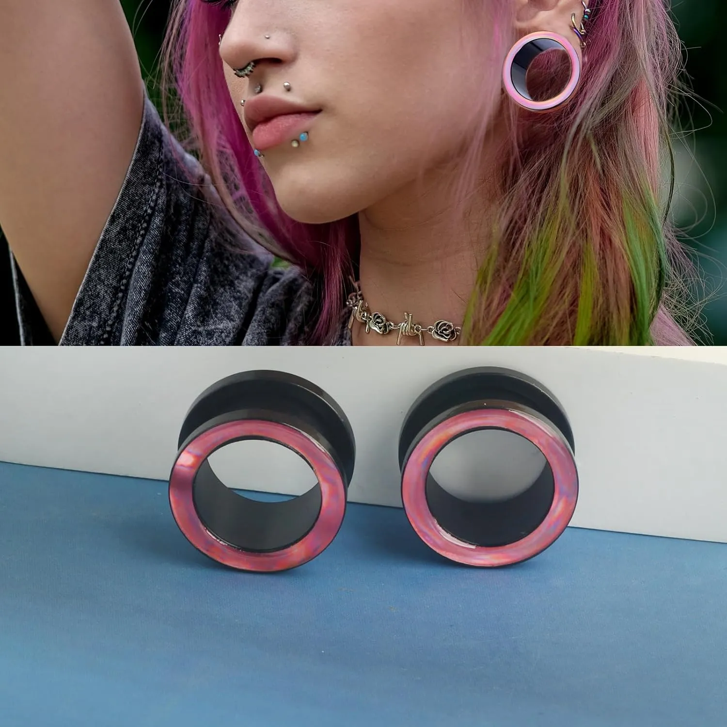 TIANCI FBYJS 8 Pairs Stainless Steel Ear Tunnels and Plugs Silicone Gauges For Ear Women Dangle Gauge Earrings Piercing Stretchers kit 2G-00G-5/8''