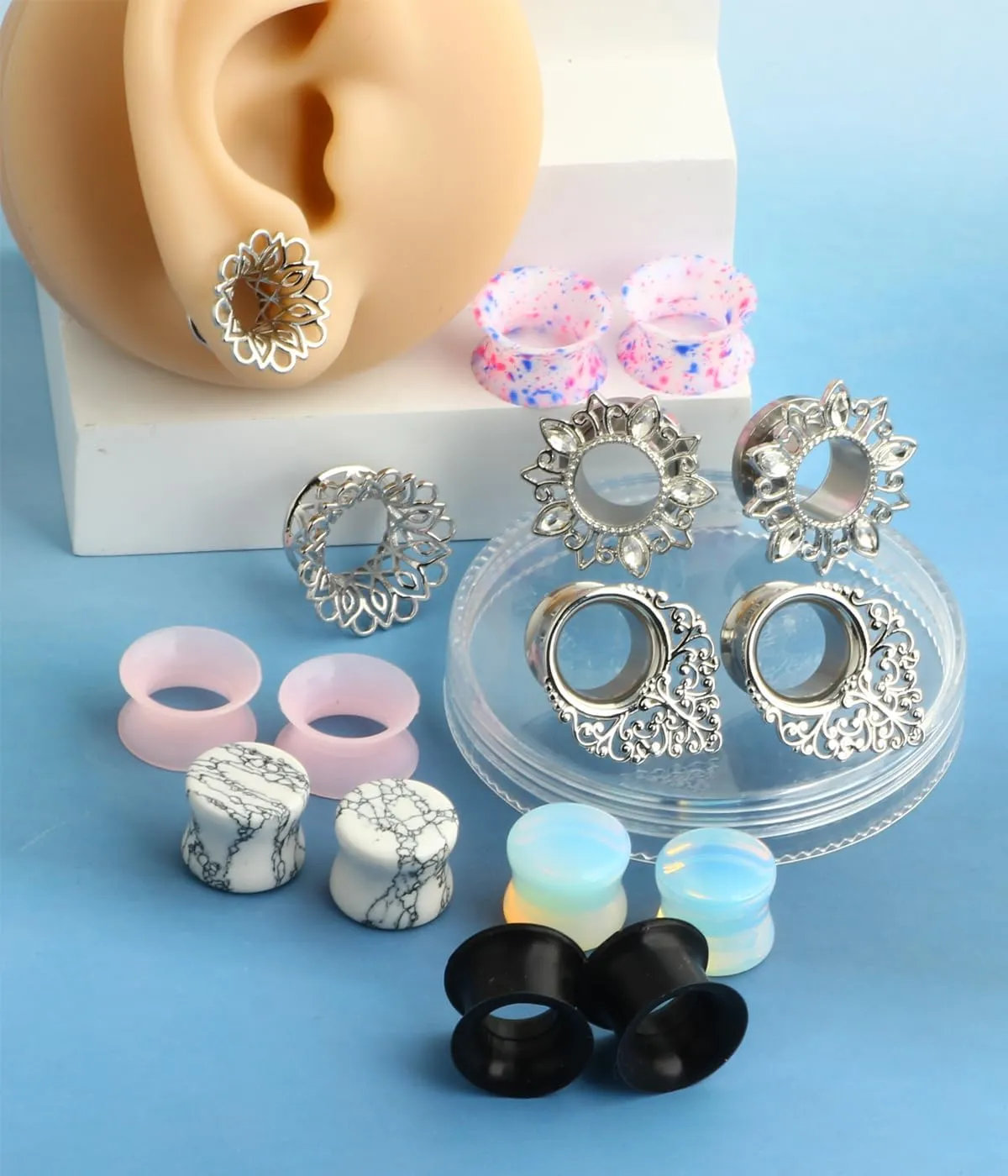 TIANCI FBYJS 8 Pairs Stainless steel Ear Tunnels Earrings Silicone Gauges Plugs For Ear Brass Hollow Plugs and Tunnels Glass Piercings Stretcher Kit 2g 00g 5/8