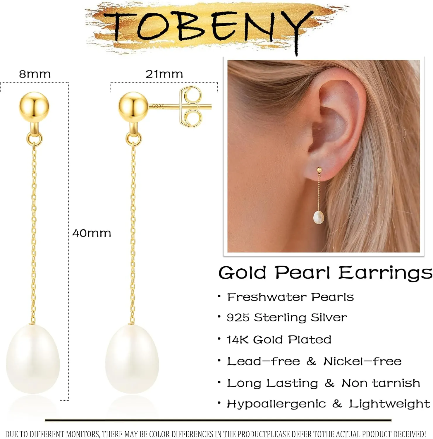 TOBENY Pearl Earrings for Women Trendy Dainty 14K Gold Plated Pearl Dangle Earrings Statement White Pearl Drop Earrings Dangling Bridal Wedding Huggie Hoop Earrings for Women Gifts Jewelry