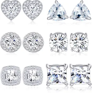 Tornito 6 Pairs Cubic Zirconia Stud Earrings Round Square Teardrop Flower Halo Rhinestone Earrings Bride Bridesmaids Proposal Wedding Dance Stage Performance CZ Crystal Earring Jewelry Gifts for Women