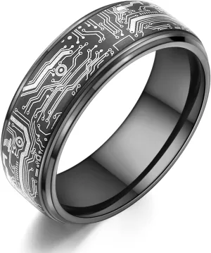 Tungsten Ring 8mm Computer Circuit Pattern Ring Black/Gold/Silver Tungsten Carbide Wedding Band for Men Comfort Fit