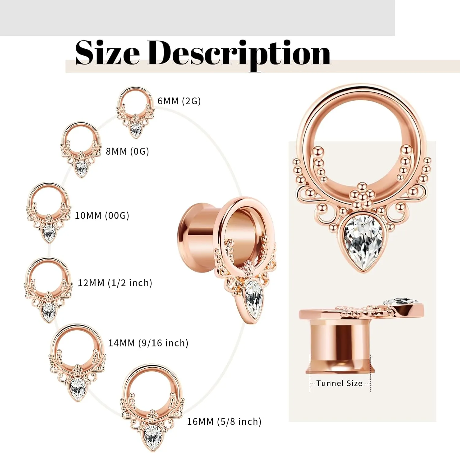 Tunnels Gauges, 2PCS Stainless Steel Tunnel Set Deer with Teardrop Cubic Zirconia Ear Gauges 00G Ear Piercing Jewelry