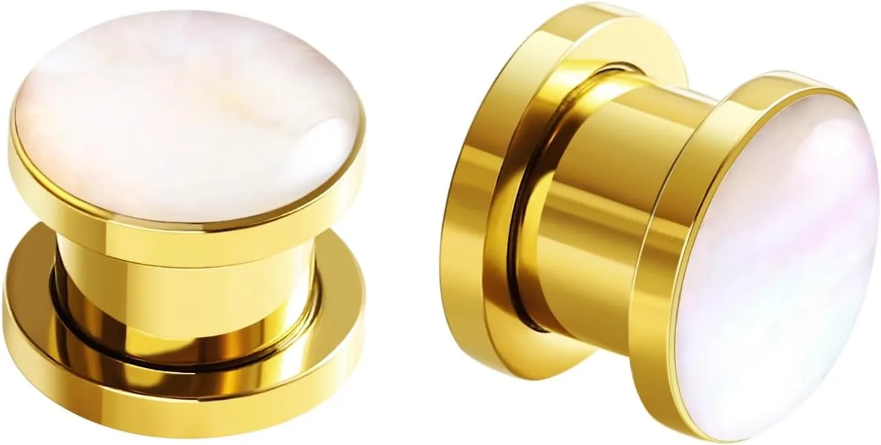 Tunnels Gauges, 2PCS Surgical Steel Gauges for Ears Polished Round with White Conch Shell Ear Gauges Expander 2G - 1 inch Ear Piercing Jewelry