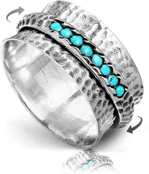 Turquoise Spinner Silver Ring,Silver Spinner Ring Women,Boho Ring Turquoise Band Rings for Women,Vintage Spinning Ring (Style-A,10#)