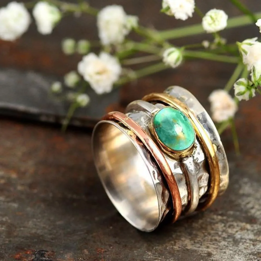 Turquoise Spinner Silver Ring,Silver Spinner Ring Women,Boho Ring Turquoise Band Rings for Women,Vintage Spinning Ring (Style-A,10#)