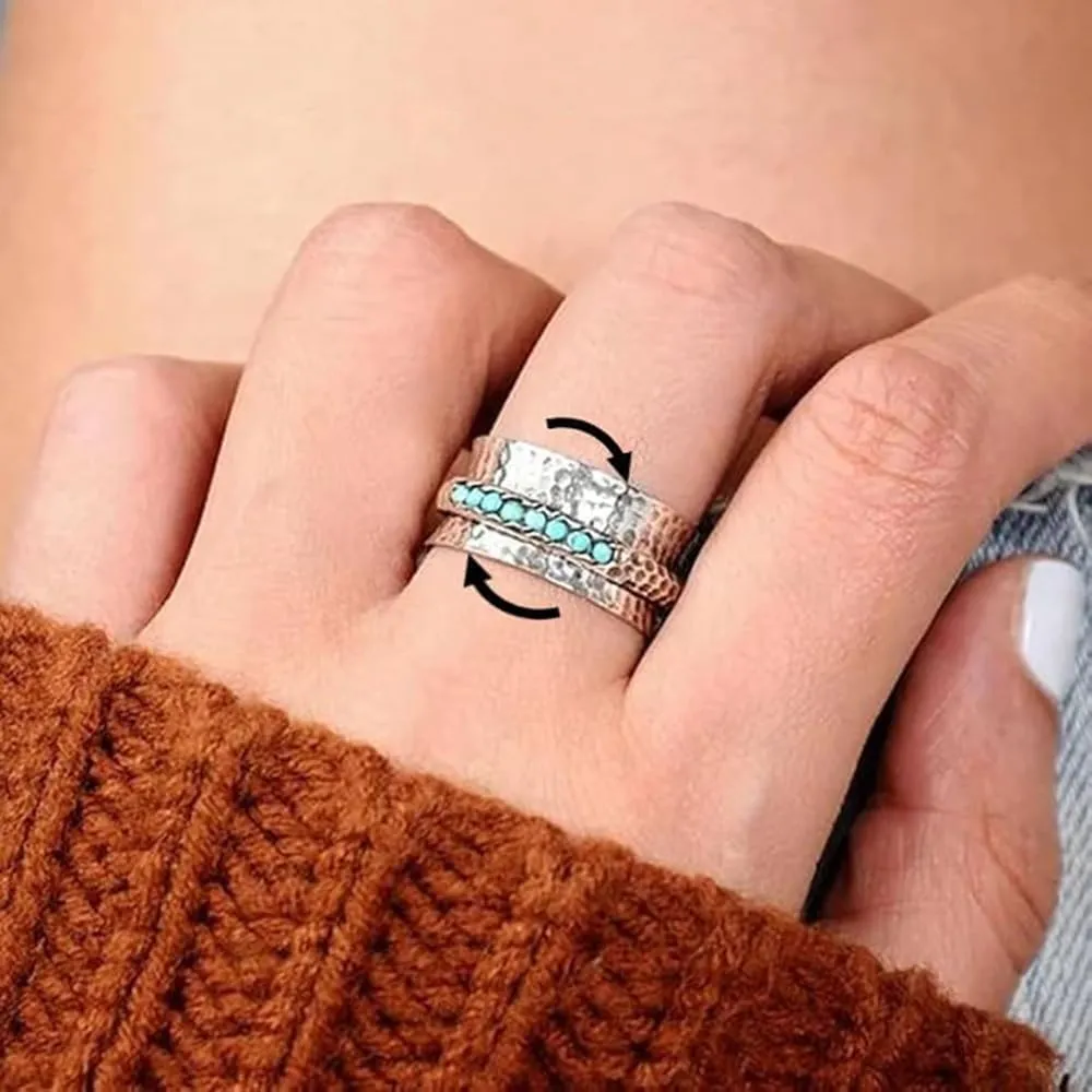 Turquoise Spinner Silver Ring,Silver Spinner Ring Women,Boho Ring Turquoise Band Rings for Women,Vintage Spinning Ring (Style-A,10#)