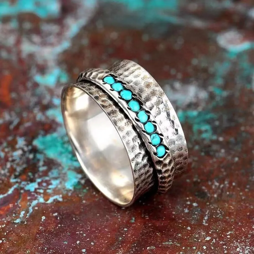 Turquoise Spinner Silver Ring,Silver Spinner Ring Women,Boho Ring Turquoise Band Rings for Women,Vintage Spinning Ring (Style-A,10#)