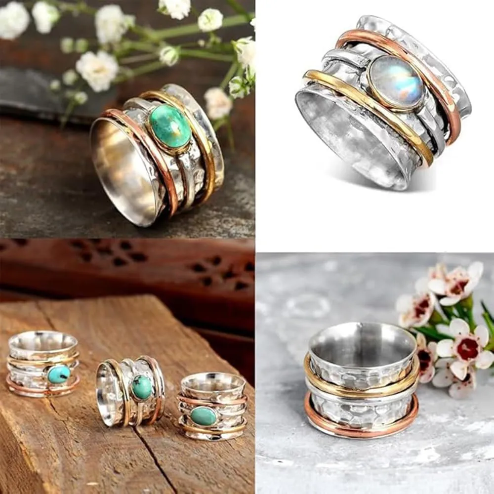 Turquoise Spinner Silver Ring,Silver Spinner Ring Women,Boho Ring Turquoise Band Rings for Women,Vintage Spinning Ring (Style-A,10#)