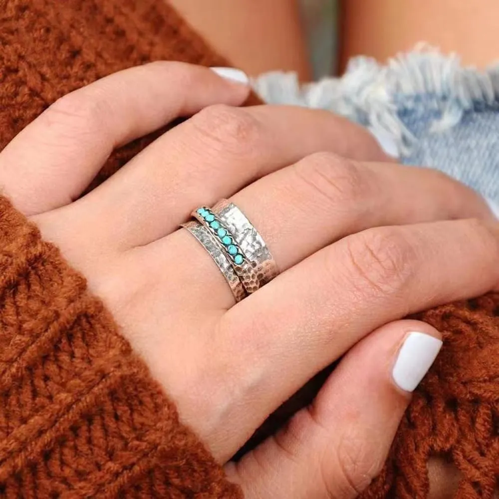Turquoise Spinner Silver Ring,Silver Spinner Ring Women,Boho Ring Turquoise Band Rings for Women,Vintage Spinning Ring (Style-A,10#)