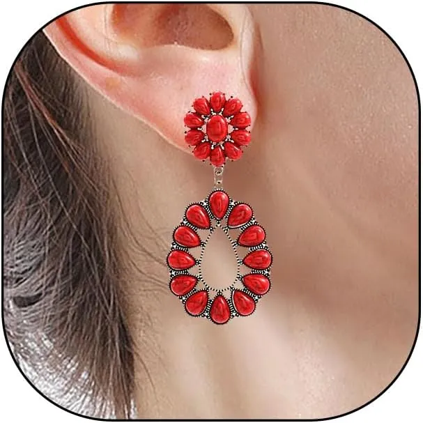 Turquoise Teardrop Flower Statement Earrings for Women,Boho Floral Waterdrop Shape Turquoise Earrings Party Prom Western Trendy Jewelry Gifts