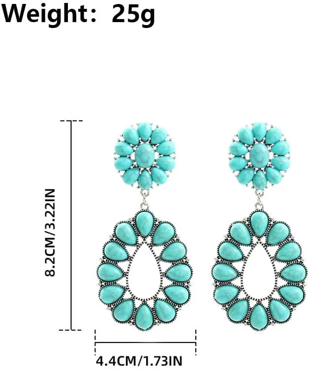 Turquoise Teardrop Flower Statement Earrings for Women,Boho Floral Waterdrop Shape Turquoise Earrings Party Prom Western Trendy Jewelry Gifts