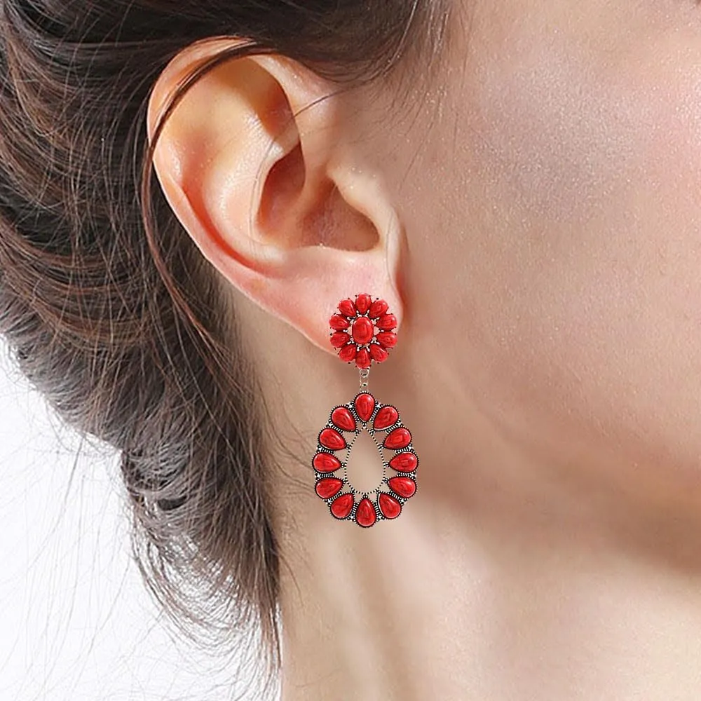 Turquoise Teardrop Flower Statement Earrings for Women,Boho Floral Waterdrop Shape Turquoise Earrings Party Prom Western Trendy Jewelry Gifts