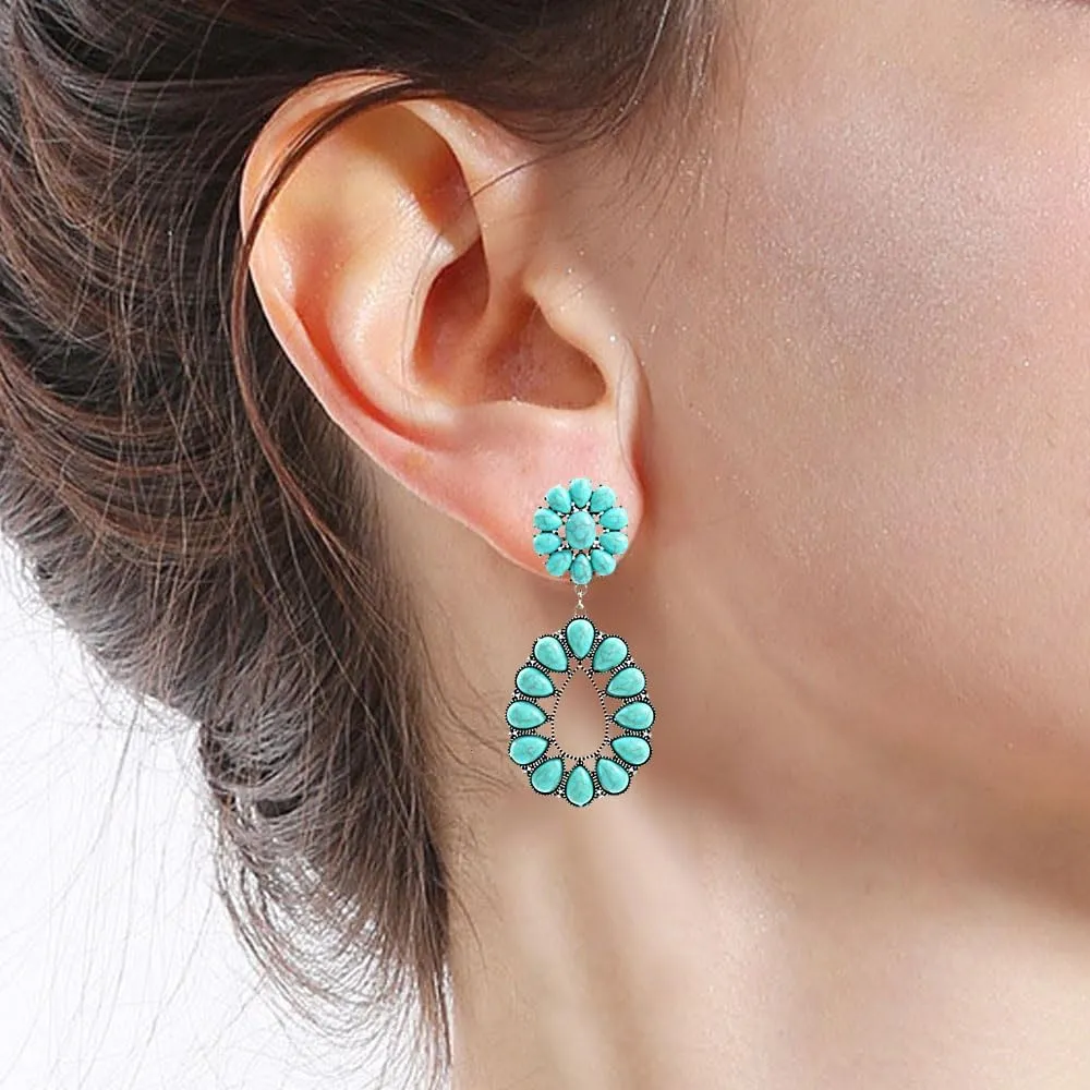 Turquoise Teardrop Flower Statement Earrings for Women,Boho Floral Waterdrop Shape Turquoise Earrings Party Prom Western Trendy Jewelry Gifts