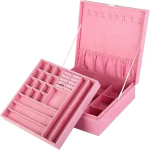 Two-Layer Jewelry Box Organizer Display Storage case with Lock (Pink)