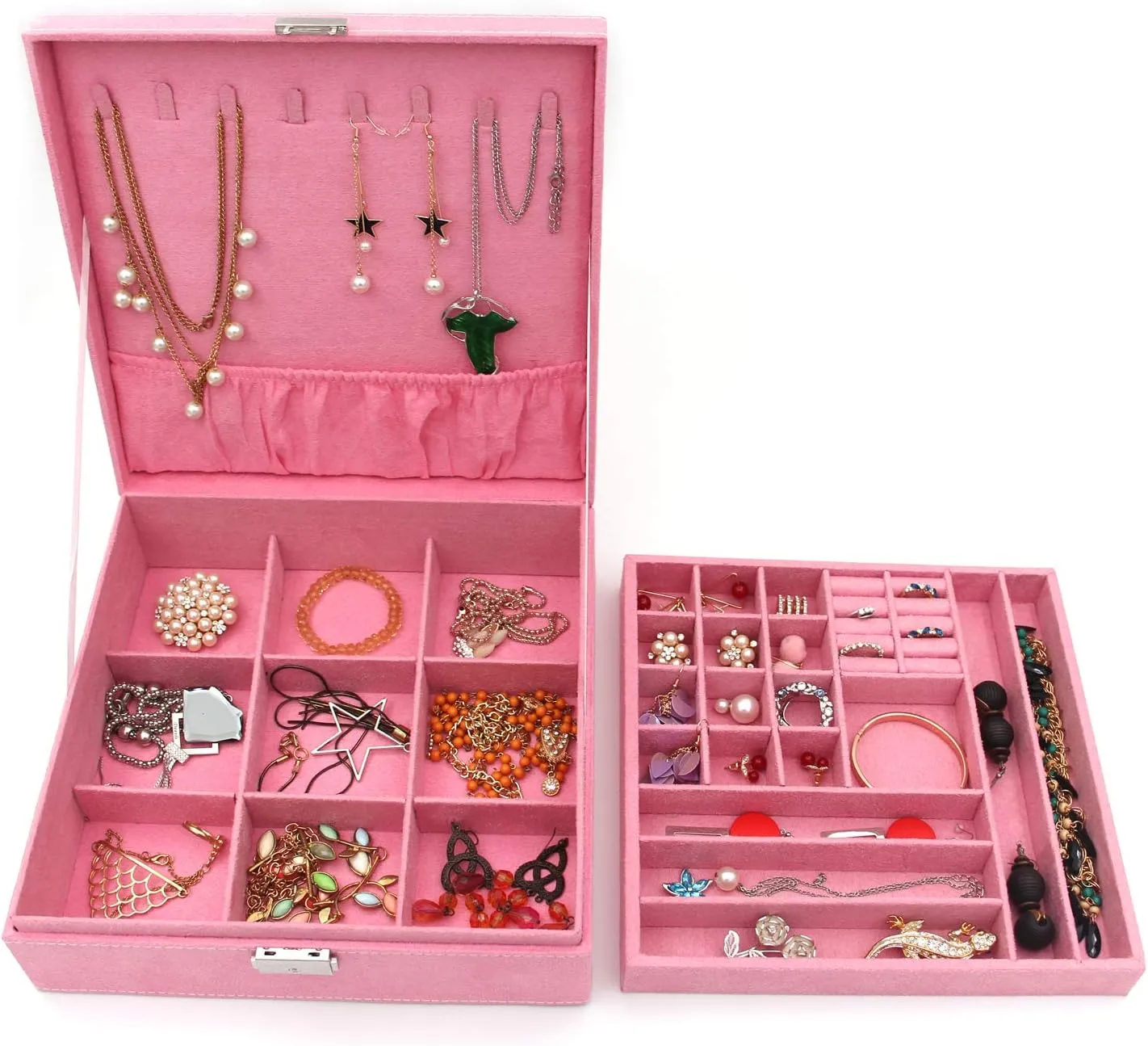 Two-Layer Jewelry Box Organizer Display Storage case with Lock (Pink)