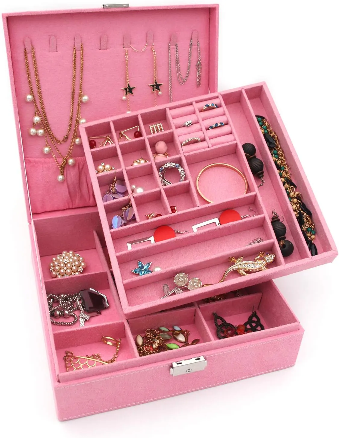 Two-Layer Jewelry Box Organizer Display Storage case with Lock (Pink)