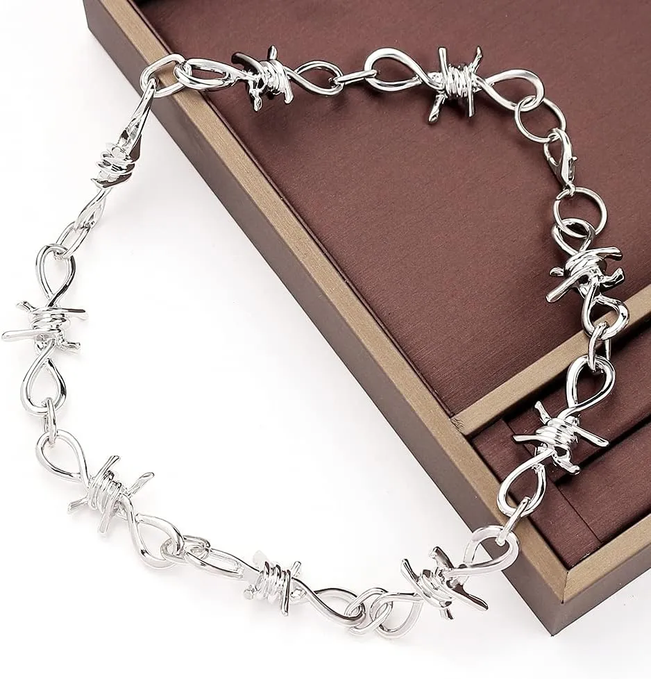 Unisex Gothic Barbed Wire Necklace - 20inches Hip Hop Barbed Wire Thorns Choker Necklace Chain, Punk Jewelry Gift for Men Women