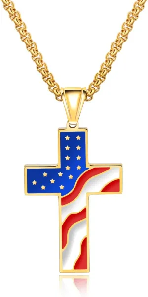 Vanski Men's Stainless Steel American USA National Flag Cross Pendant Necklace Patriotic Religious Jewelry, Gold-Tone