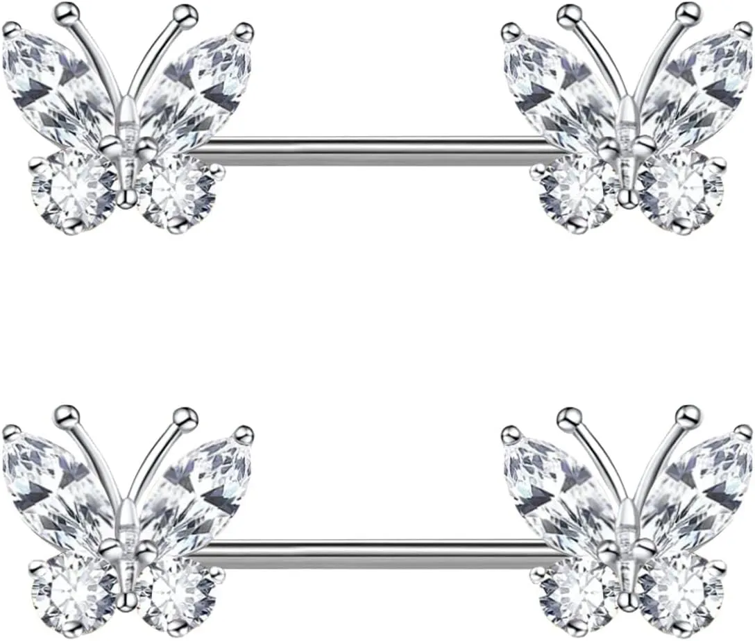 VERAMI 14G Stainless Steel Heart Nipple Rings and Barbell - Butterfly, Starlight Acrylic Ball, Tongue Rings for Women and Men