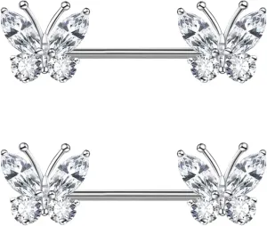 VERAMI 14G Stainless Steel Heart Nipple Rings and Barbell - Butterfly, Starlight Acrylic Ball, Tongue Rings for Women and Men