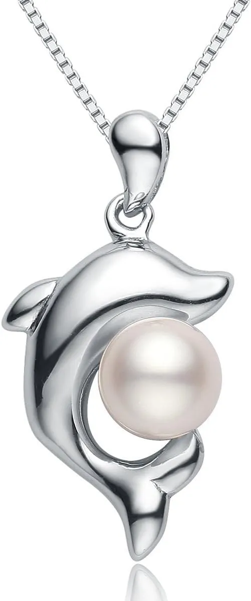VIKI LYNN Dolphin Necklace for Women 5-6mm Freshwater Cultured Pearl Beads with 925 Sterling Silver Dolphin Pendant Ocean Necklace Pearl Jewelry Valentines Day Graduation Bride Gifts for Her, Friend