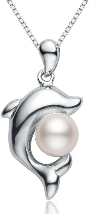 VIKI LYNN Dolphin Necklace for Women 5-6mm Freshwater Cultured Pearl Beads with 925 Sterling Silver Dolphin Pendant Ocean Necklace Pearl Jewelry Valentines Day Graduation Bride Gifts for Her, Friend