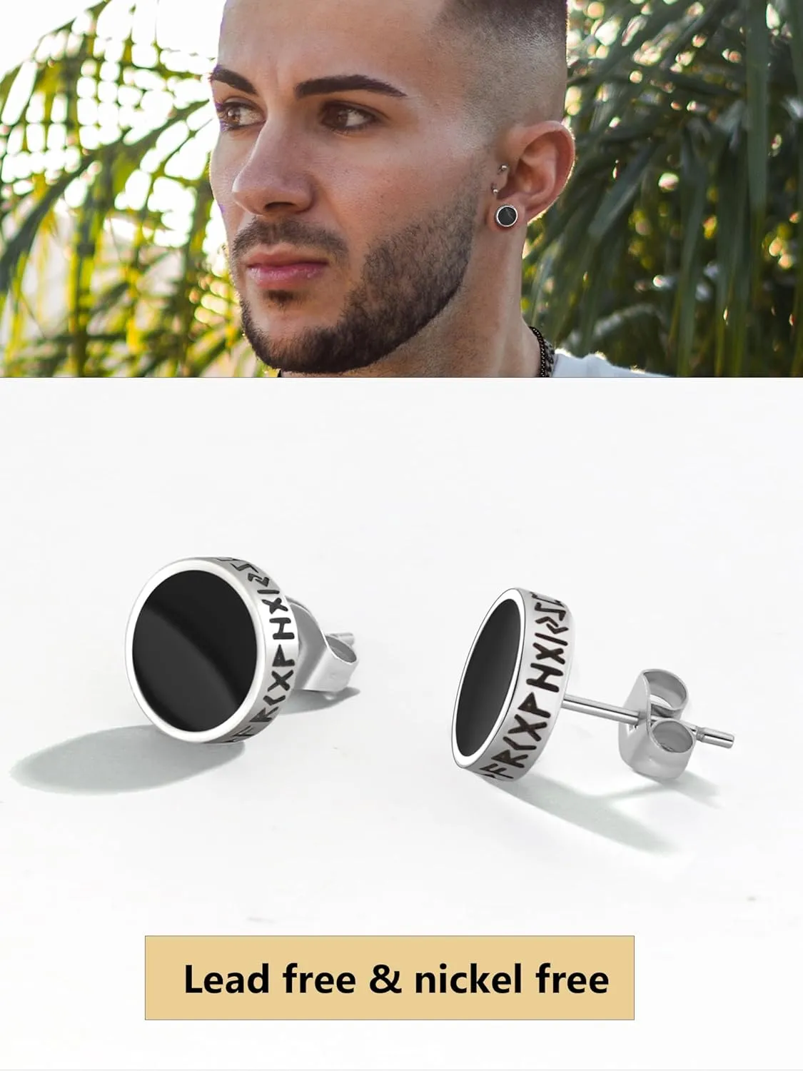 Viking Runes Hoop/Clip-on/Stud Earrings for Men Women Stainless Steel Hypoallergenic Earrings Amulet Protection Jewelry Gifts(with Box)