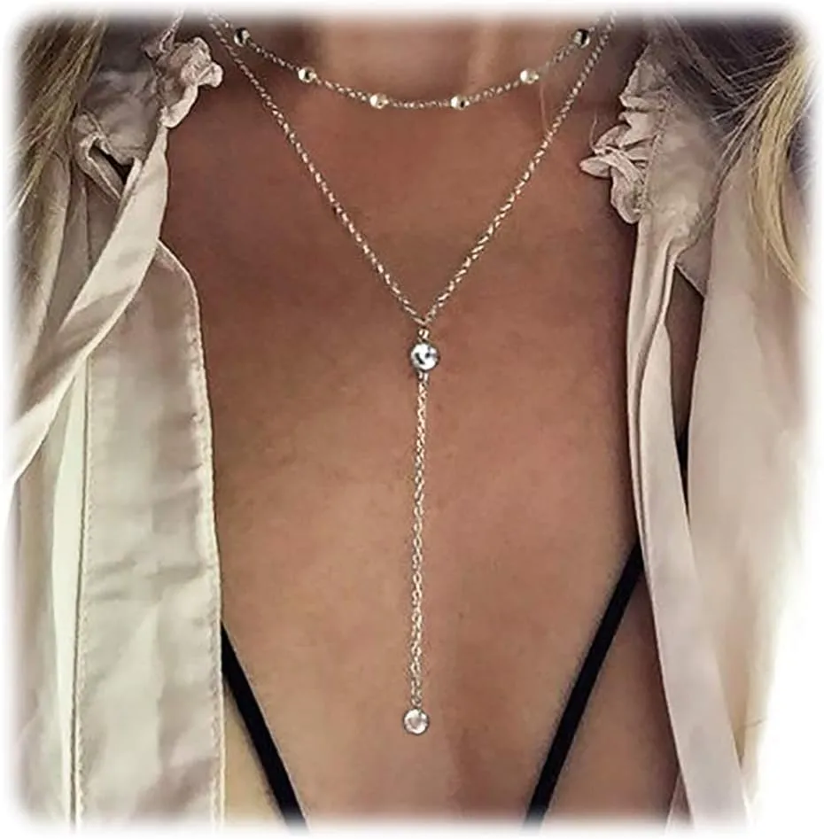 Vintage Double Layer Alloy Crystal Choker Necklace with Long Chain Pendant