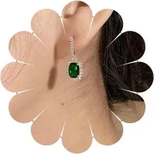 Vintage Emerald Drop Earrings Green Gemstone Stud Earrings Crystal Halo Dangle Earrings Luxury Rectangle Emerald Earrings Jewelry for Women