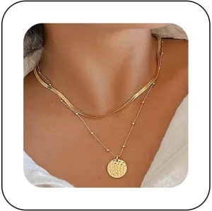 Vintage Layered Disc Pendent Necklace Gold Snake Chain Choker Necklace Hammered Coin Necklace Medallion Coin Collar Necklace Jewelry for Women