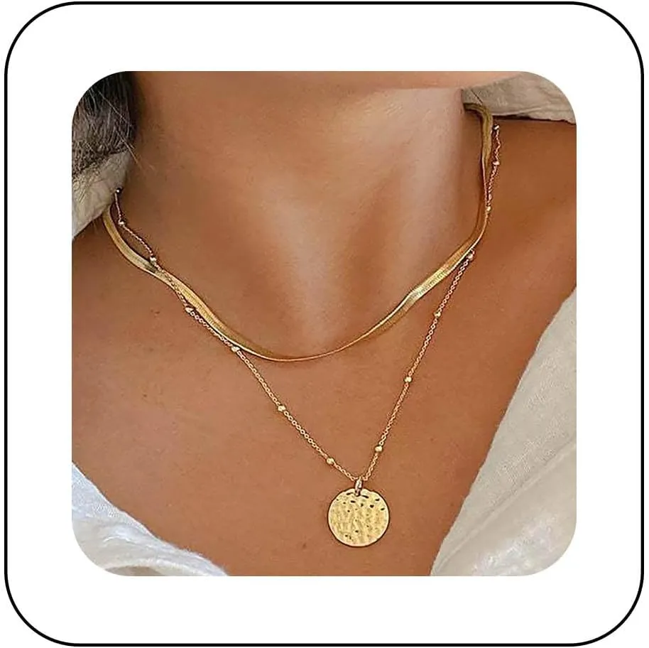 Vintage Layered Disc Pendent Necklace Gold Snake Chain Choker Necklace Hammered Coin Necklace Medallion Coin Collar Necklace Jewelry for Women