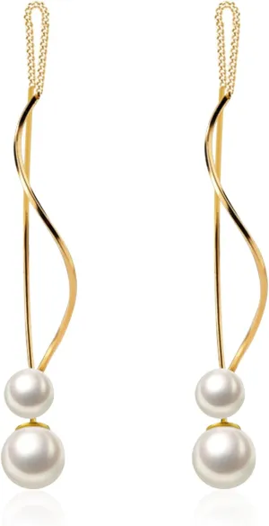 Vintage Minimalist Pearl Twisted Thread Tassel Earrings for Women Long Curve Chain Pearls Dangle Earrings Jewelry Gifts