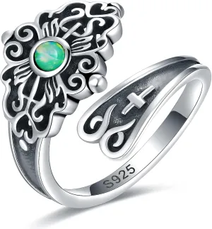 Vintage Opal Spoon Rings for Women - S925 Sterling Silver Grandma Rings Cross Style Spoon Jewelry Adjustable Antique Wrap Thumb Ring Open Size 6-11 Mother Gift
