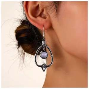Vintage Silver Tribal Hollow Earrings Boho Tribal Dangle Earrings Purple Round Gem Drop Earrings Hollow Teardrop Hook Earrings Jewelry for Women and GirlsPurple 1