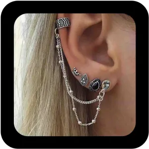 Vintage Tassel Chain Ear Cuff Earrings Silver Multiple Piercing Earrings Water Drop Moonstone Stud Earrings Boho Crown Earrings Set Jewelry for Women