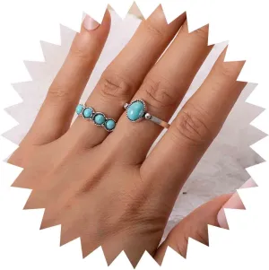 Vintage Turquoise Rings Silver Turquoise Bead Rings Blue Turquoise Finger Ring Oval Turquoise Stone Ring Turquoise Gemstone Ring Knuckle Stackable Ring Set Jewelry for Women 2Pcs