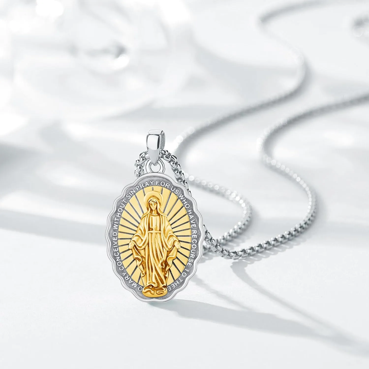 Virgin Mary Miraculous Medal Catholic Necklace for Men Women, 925 Sterling Silver Patron Saint of Faith and Divine Oval Medal Pendant Amulet Religious Jewelry Gifts