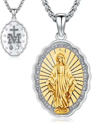 Virgin Mary Miraculous Medal Catholic Necklace for Men Women, 925 Sterling Silver Patron Saint of Faith and Divine Oval Medal Pendant Amulet Religious Jewelry Gifts