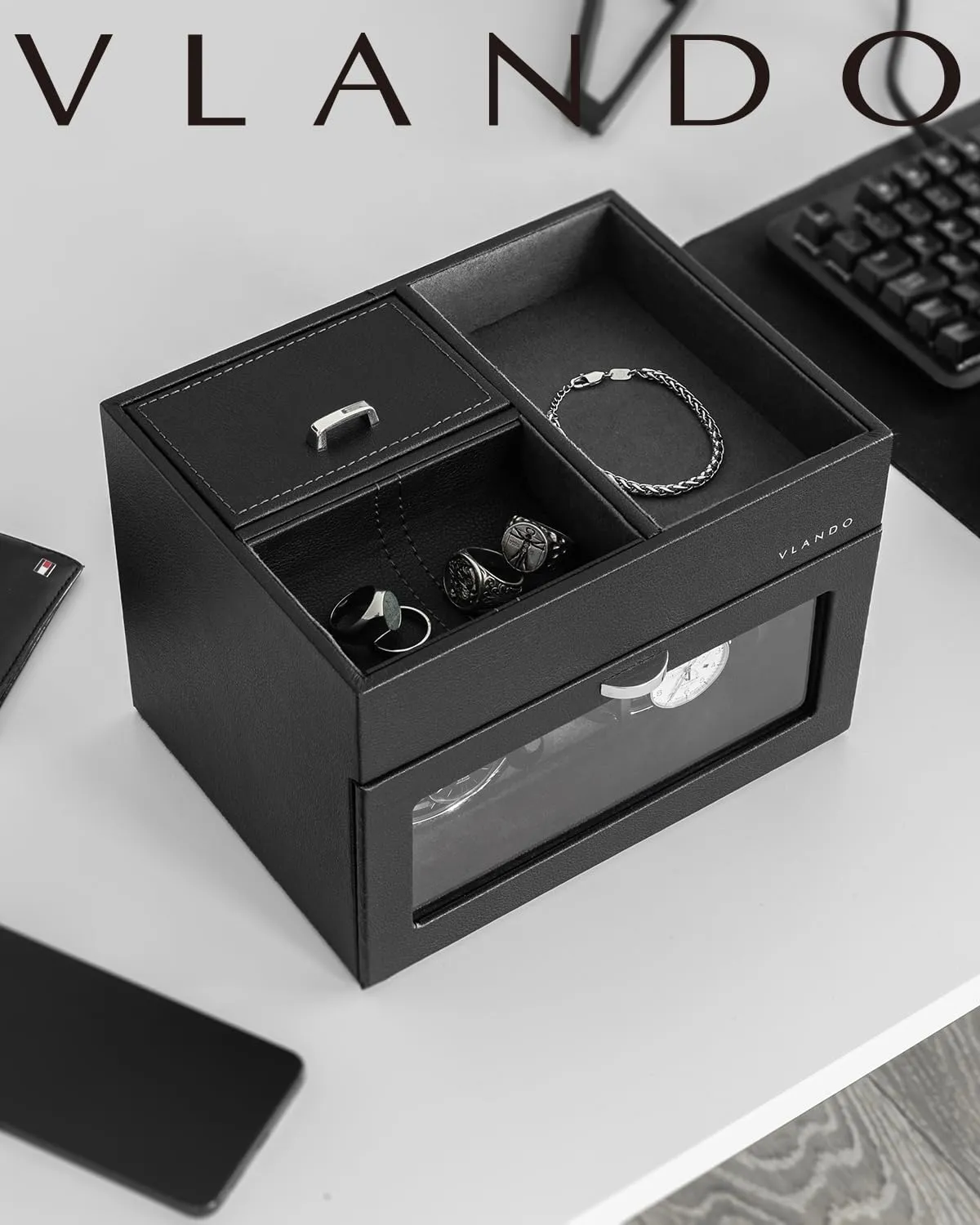 Vlando Automatic Double Watch Winder for Fathers Day Gift - Watch Winder Box with Jewelry Organizer Tray for Men Husband Dad, Japanese Quiet Motor, LED Light, Adjustable Watch Pillows - Black