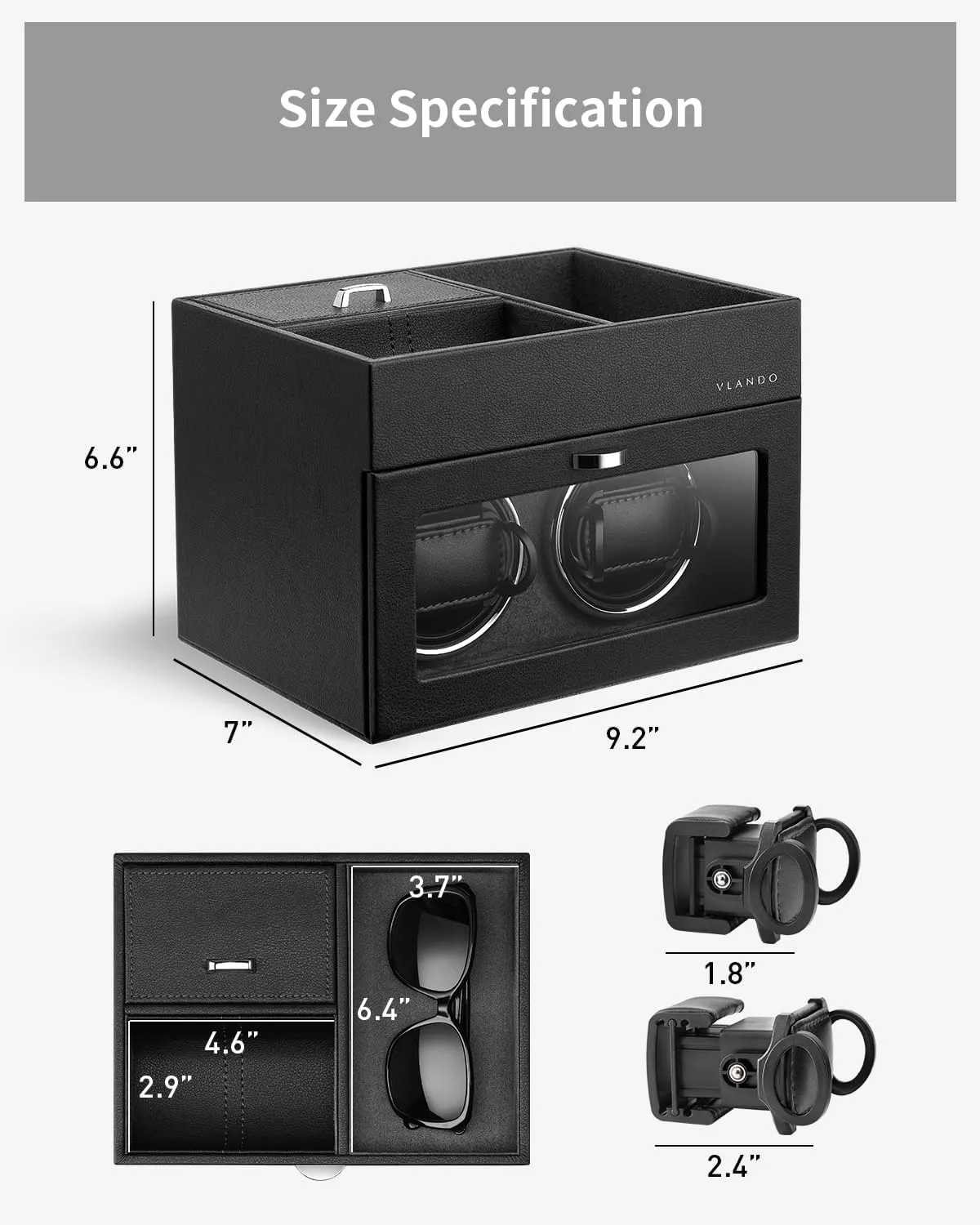 Vlando Automatic Double Watch Winder for Fathers Day Gift - Watch Winder Box with Jewelry Organizer Tray for Men Husband Dad, Japanese Quiet Motor, LED Light, Adjustable Watch Pillows - Black