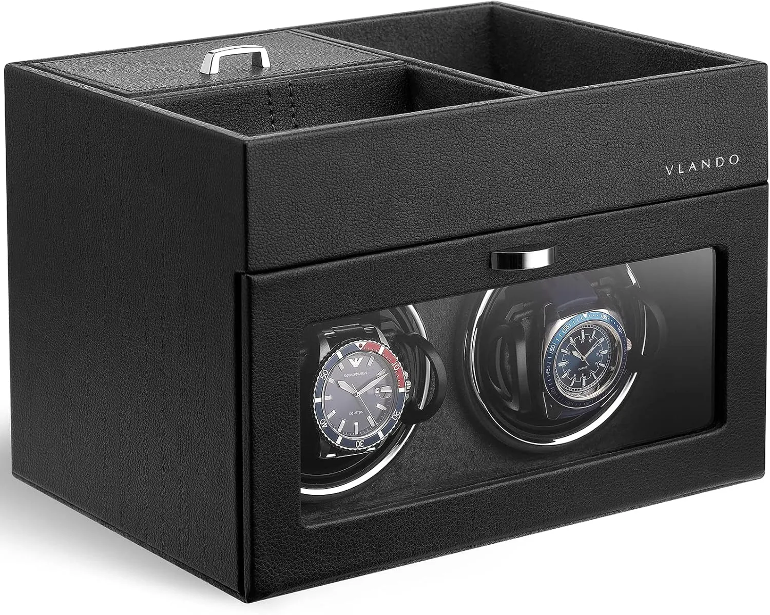 Vlando Automatic Double Watch Winder for Fathers Day Gift - Watch Winder Box with Jewelry Organizer Tray for Men Husband Dad, Japanese Quiet Motor, LED Light, Adjustable Watch Pillows - Black