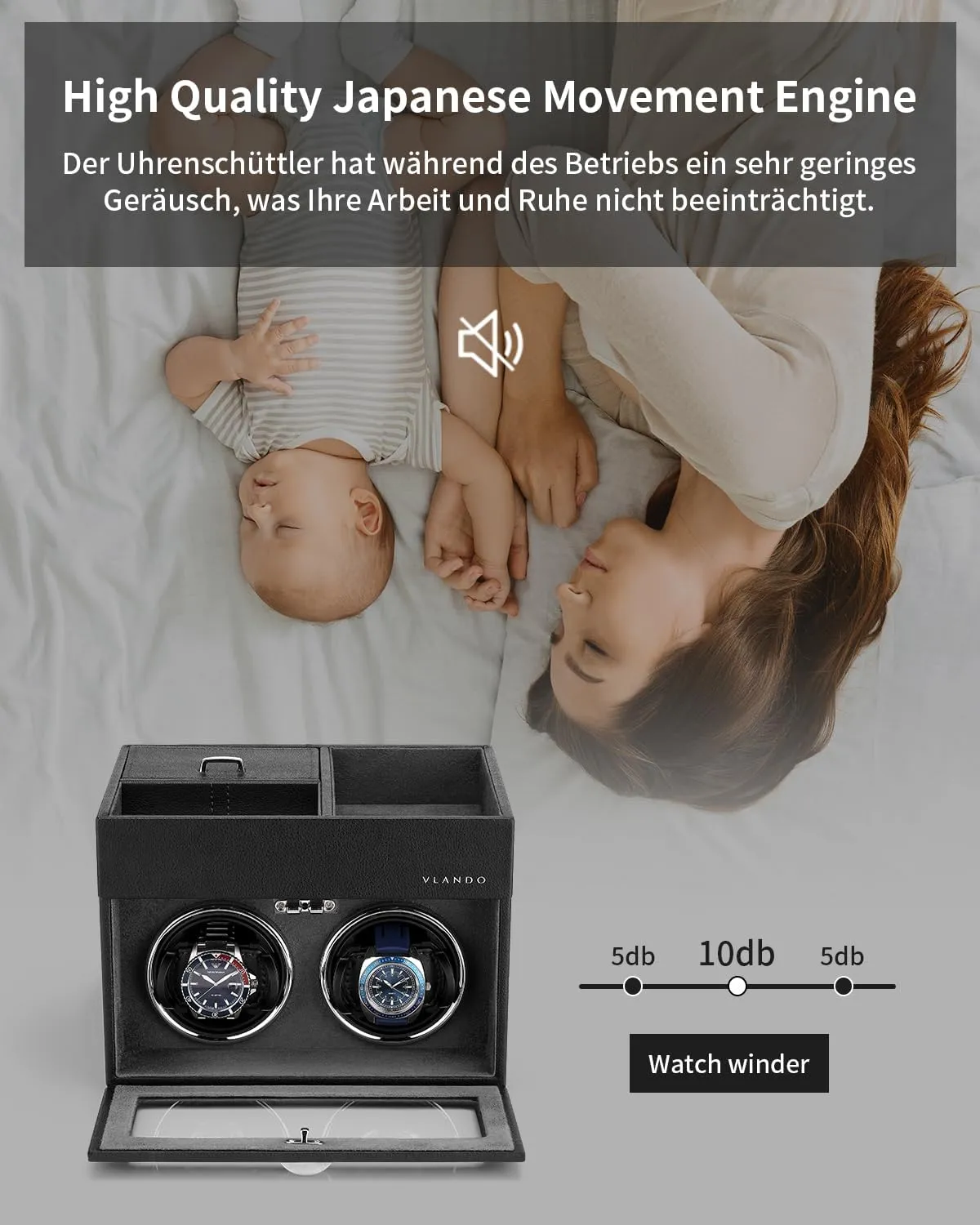 Vlando Automatic Double Watch Winder for Fathers Day Gift - Watch Winder Box with Jewelry Organizer Tray for Men Husband Dad, Japanese Quiet Motor, LED Light, Adjustable Watch Pillows - Black