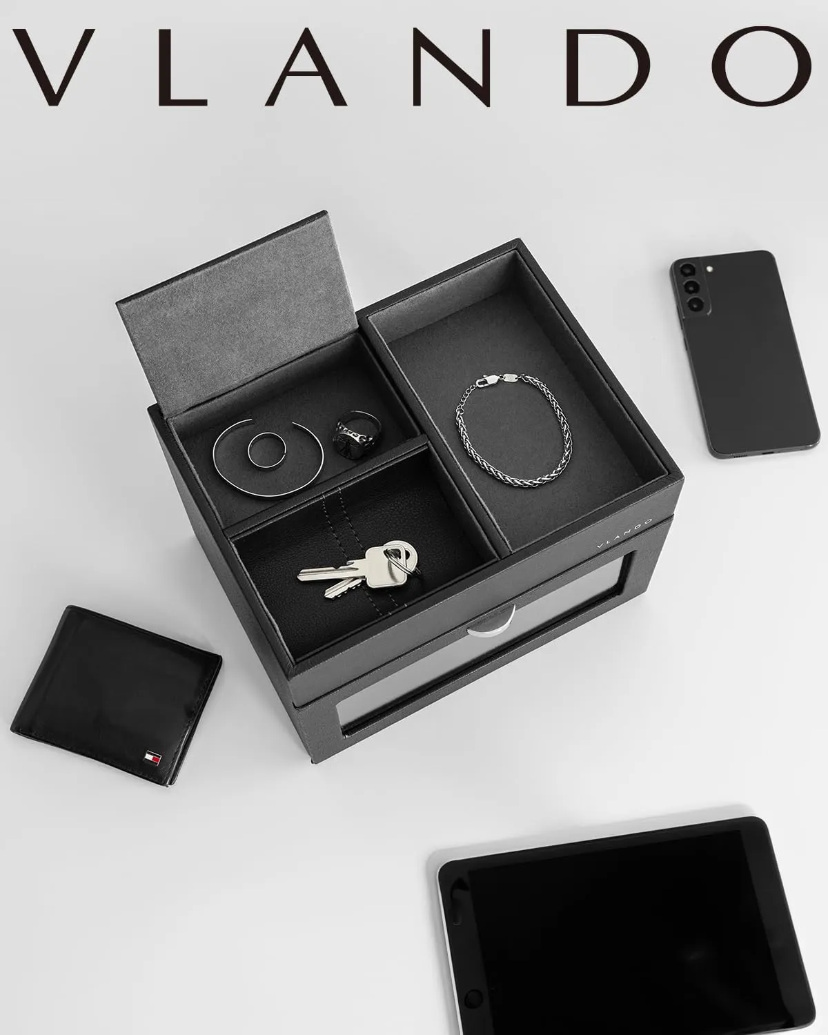 Vlando Automatic Double Watch Winder for Fathers Day Gift - Watch Winder Box with Jewelry Organizer Tray for Men Husband Dad, Japanese Quiet Motor, LED Light, Adjustable Watch Pillows - Black